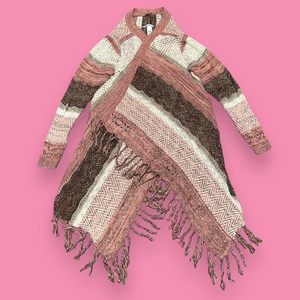 Maurices Boho Crochet Knit Open Front Striped Blanket Fringe Cardigan Size XL